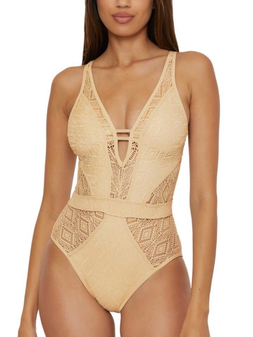 BECCA Women's Polished Crochet Plunge One Piece Swimsuit Gold NWT